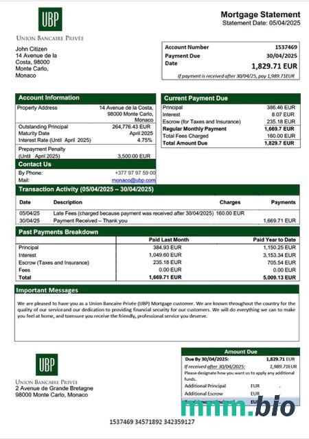 Monako Union Bancaire Privée (UBP) wyciąg z kredytu hipotecznego szablon Word i PDF